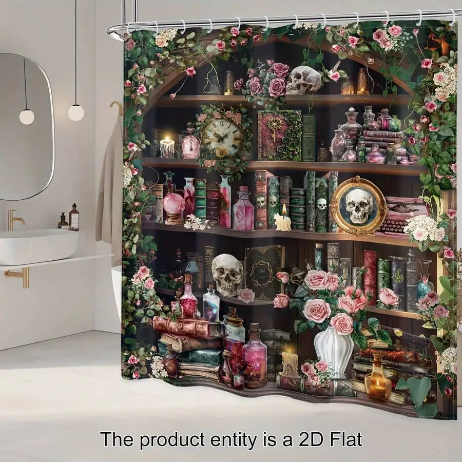 1pc - 2D Flat Gothic Skull Shower Curtain, Complete Bathroom, Bathroom Decor And Accessories, Retro Wizard Magic Bookshelf