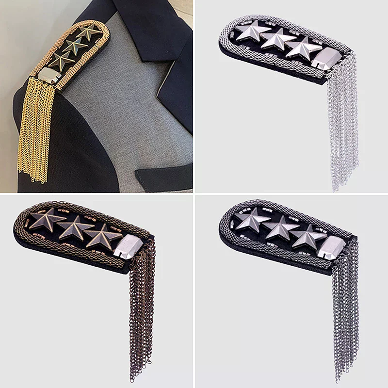 1PCS Vintage Five Star Tassel Chain Shoulder Board Badges Beads Fabric Metal Epaulet Epaulette Military Pin on Brooch Medal