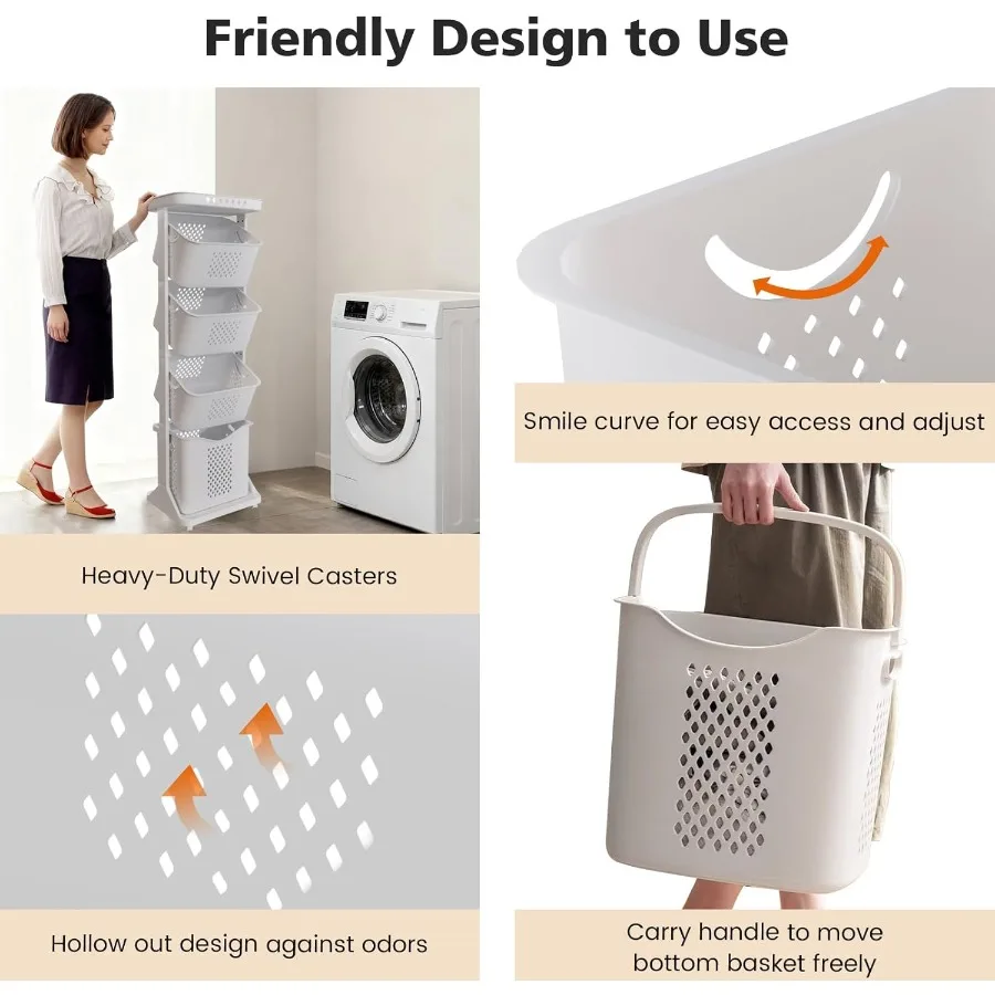 فارز سلة الغسيل من 4 طبقات بعجلات وسلال قابلة للإزالة لتخزين الملابس القذرة الفعالة في الحمام أو غرفة النوم