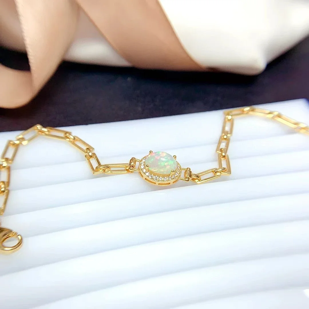 Pure 925 Silver Chain Bracelet 6mm*8mm Natural Australian Opal Bracelet 18K Gold Plated Opal Jewelry for Daily Wear