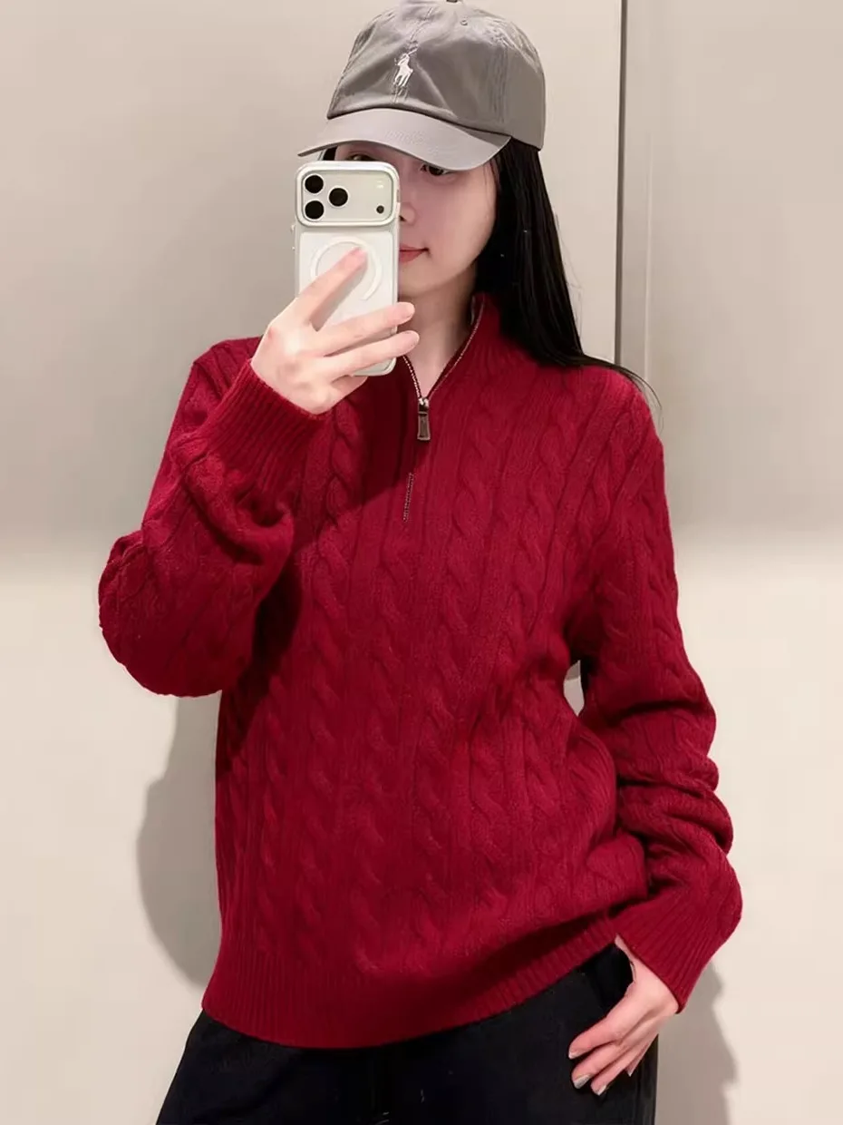 

Red Loose Lazy Style Half Open Collar Twist Knit Sweater Women's Autumn Winter New Fashion Stand Collar Knitted Top Thick