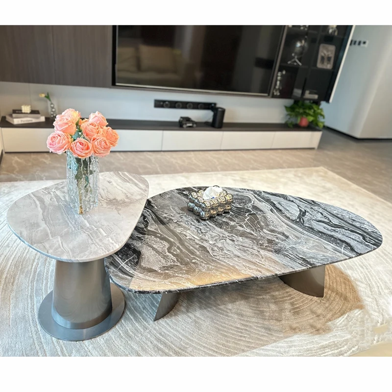Designer Round Natural Marble Coffee Table for Living Room Office, Modern Luxury Metal Base Oval Center Table