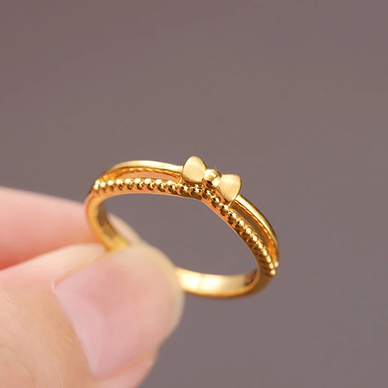 

1PCS 999 Pure 24K Yellow Gold Ring For Women 3D Bow-knot Small Tail Ring US Size 5-8