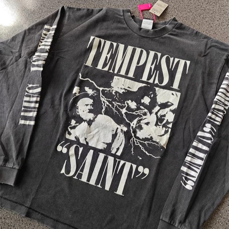 

25SS Oversized Saint Michael Pure Cotton Hoodies Men Women 1:1 Washed Destroy Letter Printing Long Sleeves