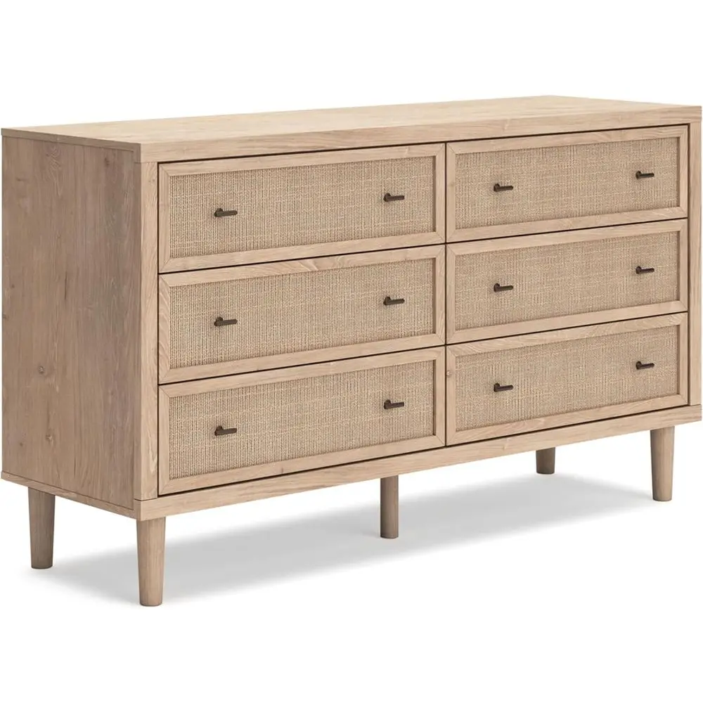 

6-Drawer Chest with Bronze Knobs, Safety Stop, Textured Cane, 62W x 20D x 36H, Light Brown