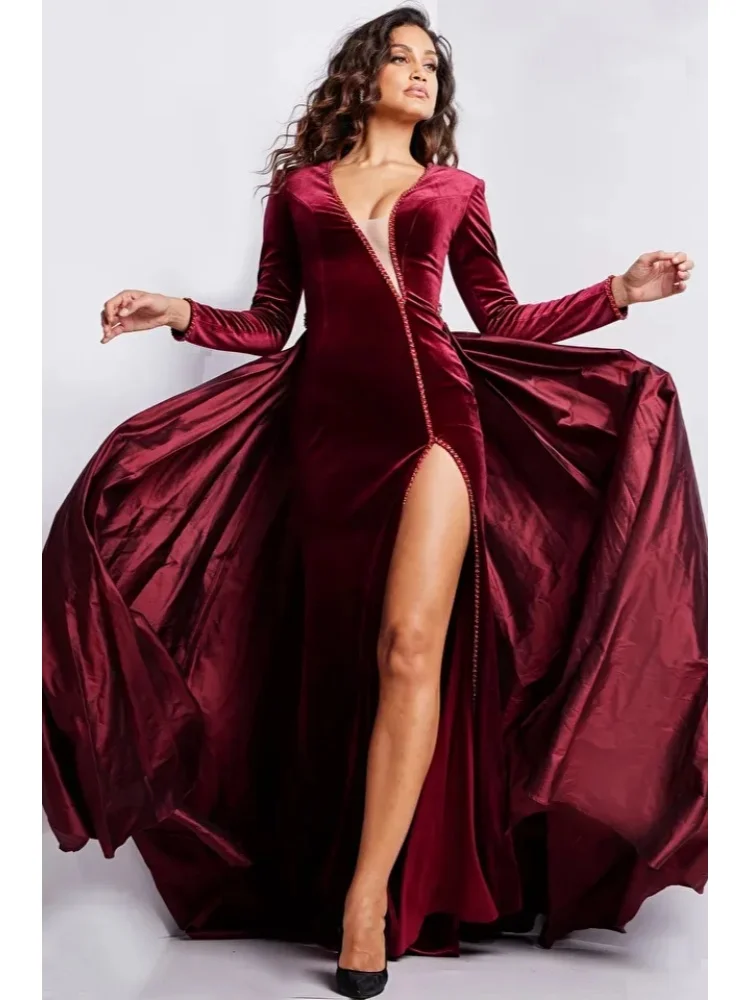 Borgonha veludo vestido de noite profundo v-mangas compridas sereia vestido de festa sexy alta fenda saia vestido de baile vestdos de fiesta personalizado