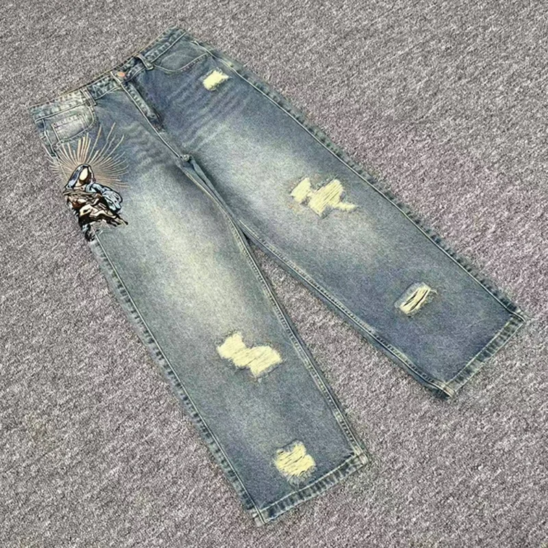صور حقيقية Derschutze Street Retro Do Old Ripped Jeans التطريز الإلهي تمثال فضفاض عادية مستقيم الساق السراويل الرجال النساء