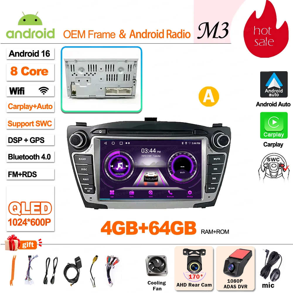 Android 16 Carplay voor Hyundai IX35 Tucson 2 LM 2009 - 2015 autoradio multimediaspeler QLED scherm GPS navigatie WiFi 5G - afbeelding 1