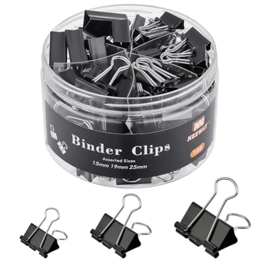 

100 Count Binder Clips Assorted Sizes, Paper Binder Clips 0.6inch 0.75inch 1inch,Metal Paper Clamps for Office and Home, Black