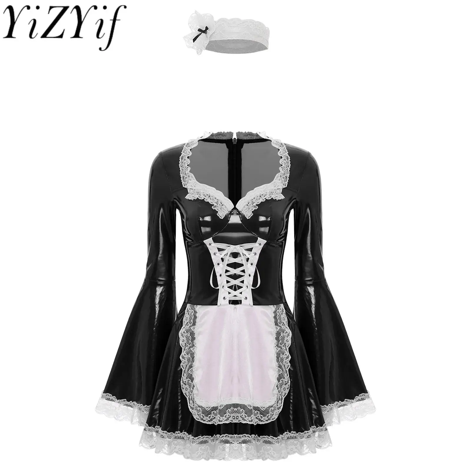 

Sweet Maid Servant Cosplay Dress Women Long Sleeve Lace Trim Shiny A-line Maid Dress with Headwear for Halloween Carnival Party