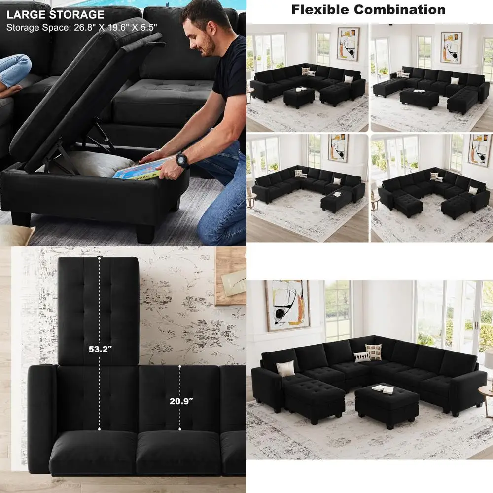 

Бархатный 9-местный секционный диван с оттоманкой и шезлонгами для хранения вещей, черный