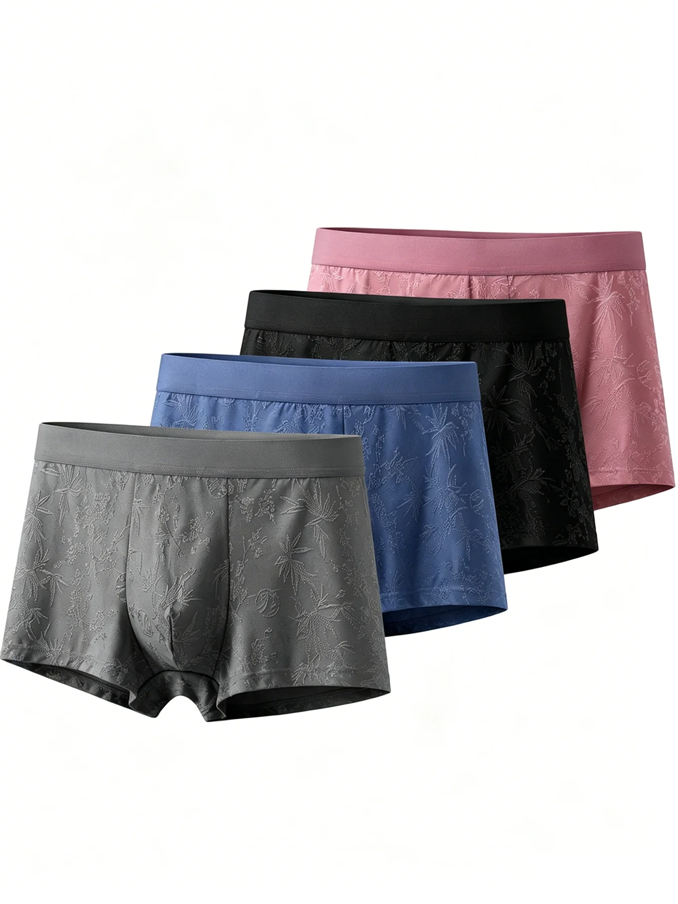 

4pcs Men Jacquard Floral Boxer Briefs Soft Modal Breathable Male Underwear Elastic Wide Waistband 3D Pouch Mid Rise Men Panties
