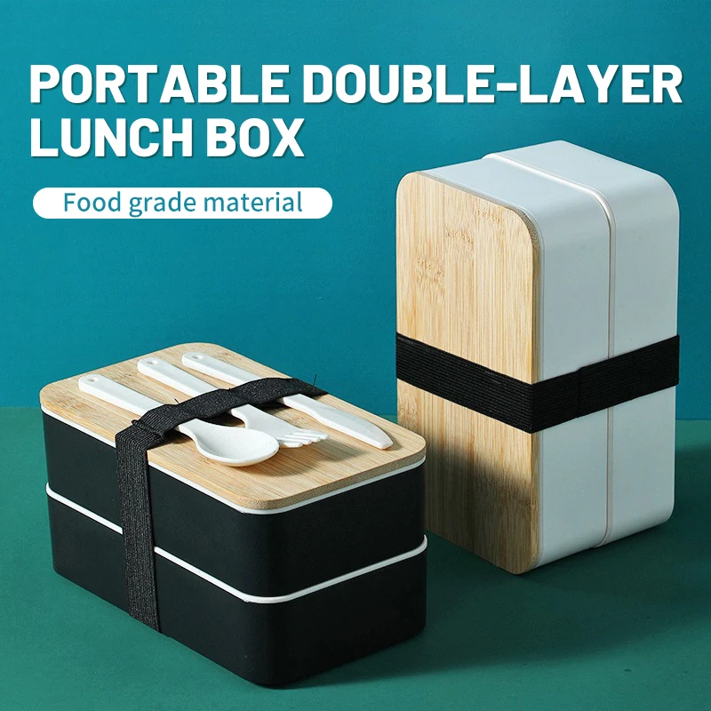 New Japanese Style Bento Box, Minimalist Double-layer Lunch Box with Knife, Fork, Spoon, Divided Student Lunch Box