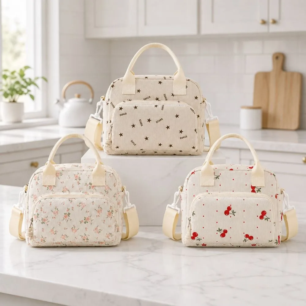 New Corduroy Lunch Bag Portable Thermal Insulation Storage Handbag Leopard Print Floral Lunch Box Outdoor Travel