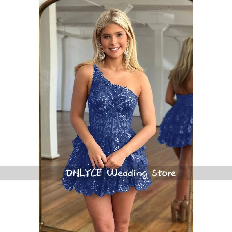 Gorgeous Homecoming Dress Prom Formal Occasions A Line One Shoulder Backless Sleeveless Short Fishbone Shaping With Lace view 3