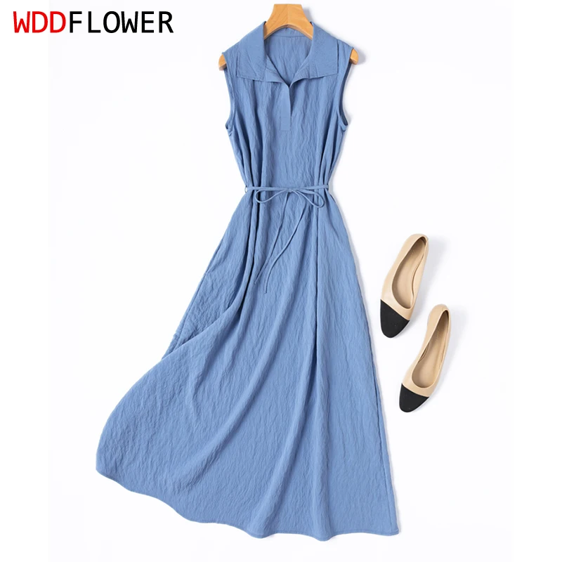 

Women Silk Tank Dress 78% Mulberry Silk 22% Nylon Dry Silk Blue Color Sleeveless Collared Neck Long Midi Dress Summer M1388