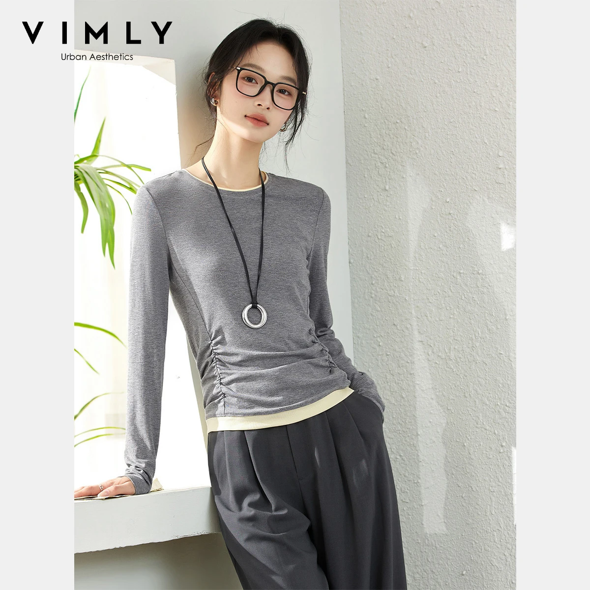 VIMLY Grey Patchwork 2 in 1 T-shirt 2025 Autumn Casual New Long Sleeve Crew Neck Slim Fitting Knitted Tops Female Clothing A1953