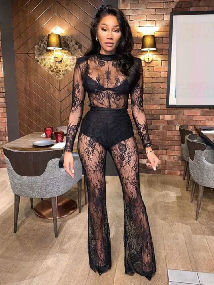 

KEXU Sexy Sheer Lace Jumpsuit Women Long Sleeve Wide Leg Pants See Through Body Club Romper Fall Clothes One-piece Overalls