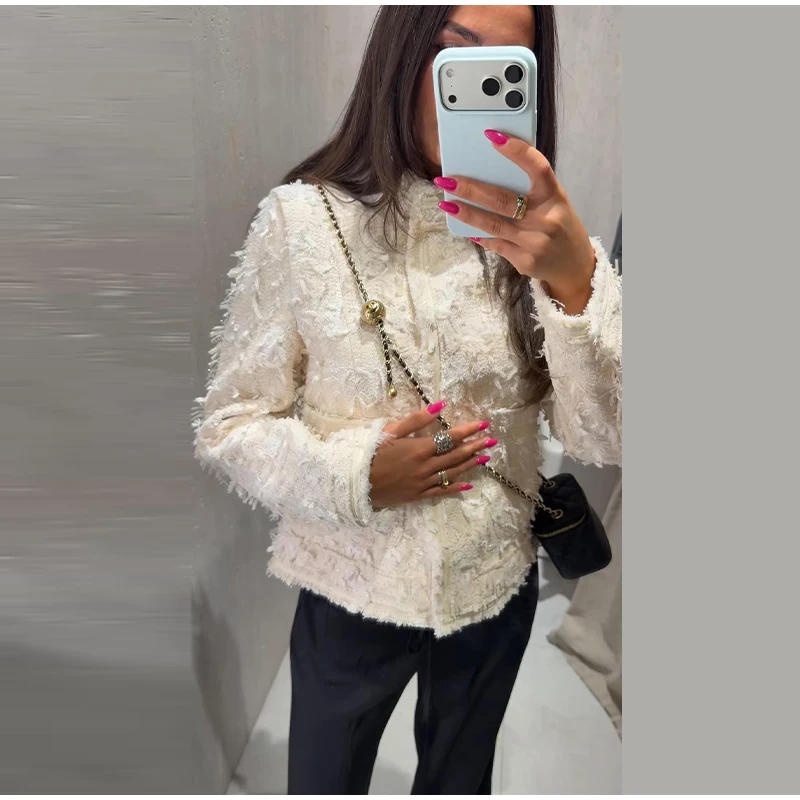 Damenmäntel mit Quasten, Rollkragen, Langarm, Einreihig, Tailliert, Frühlings- und Herbstjacken, Neuer Tweed-Mantel für Damen – Detail 10
