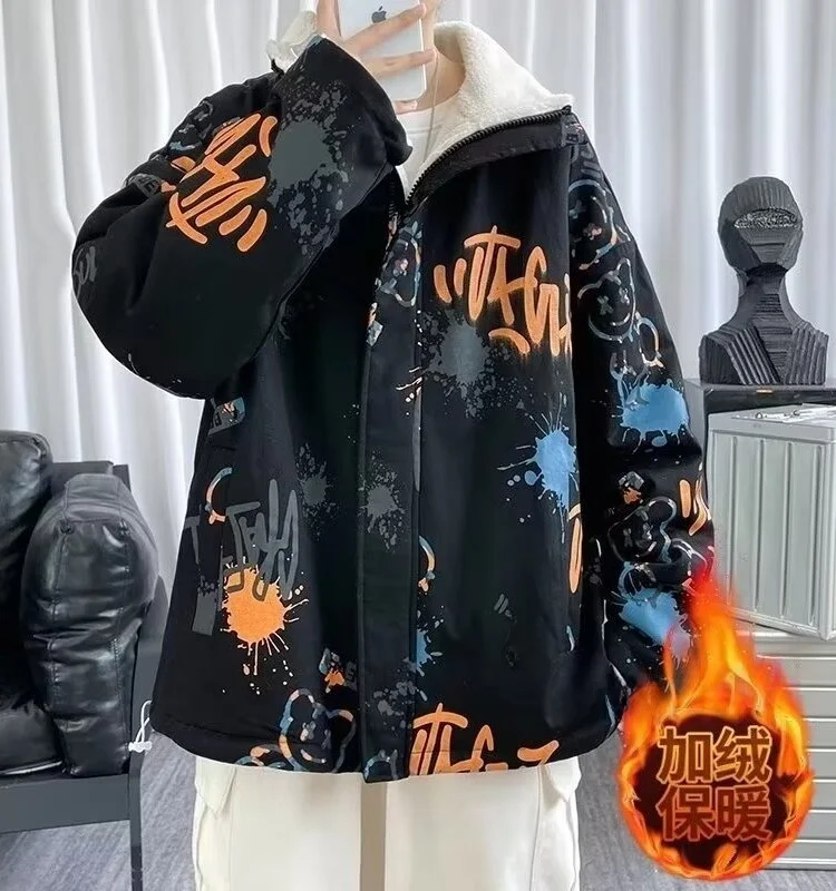 

Double-Sided Wear Thiened Cotton Jaet for Men High School Students Trendy Loose Lamb Fur Youth Outerwear Casual Sle