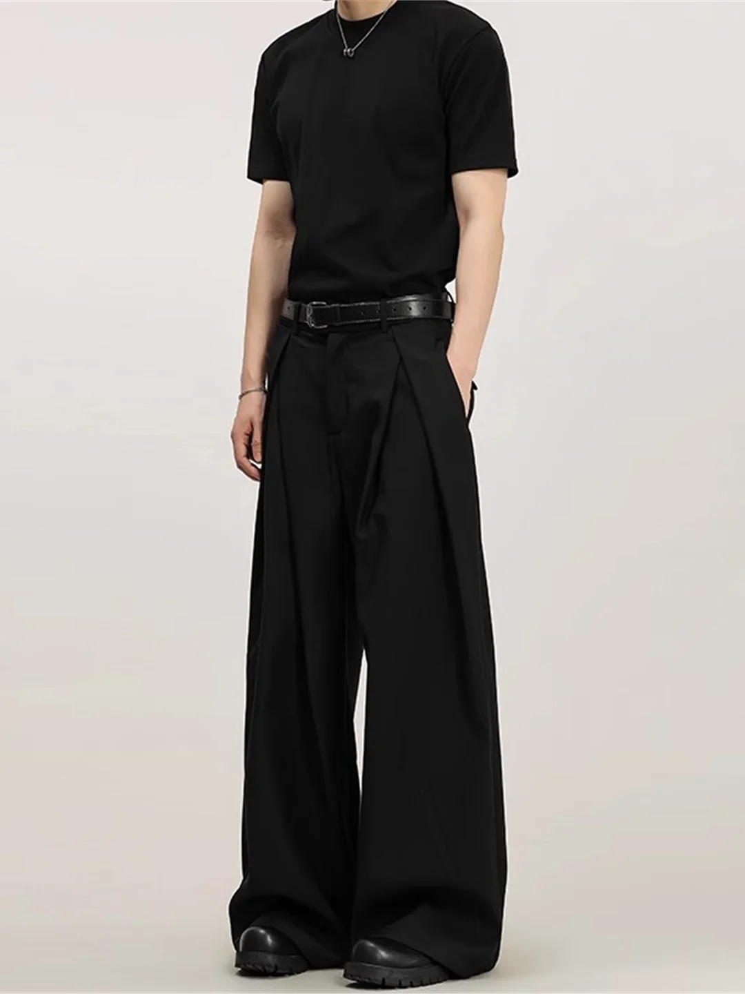 Black A-Line Pleated Men's Casual Commuter Wide Leg Pants Polyester Fabric Slightly Stretchy mid Waist Loose Fit Straight Leg