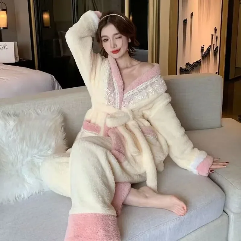 Long Sleeve Coral Velvet Thick Warm V-neck Solid Color Home Suit Can Be Worn Outside Pijama Winter Thick Warm Pajamas Women's