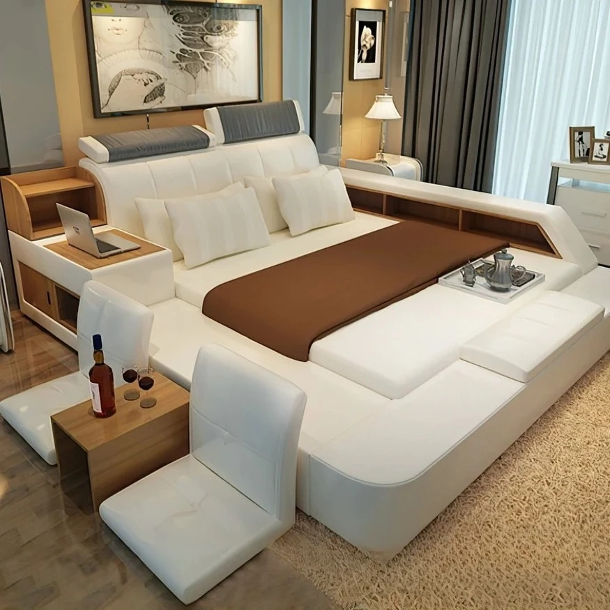 

Simple master bedroom, cowhide soft bed, multi-functional storage tatami, double bed