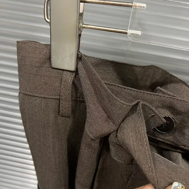 KBQ Solid Casual Minimalist Spliced Belts Pants for Women High Wasit Patchwork Pockets Loose Trousser Female Fashion Style New