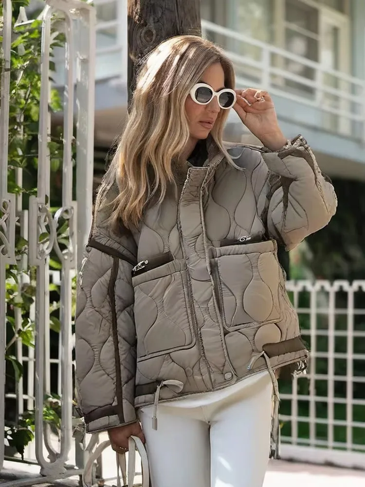 

HH Women Vintage Solid Quilted Coat Stand Collar Long Sleeve Zipper Jacket Casual Drawstring Pocket Design Winter Outwear