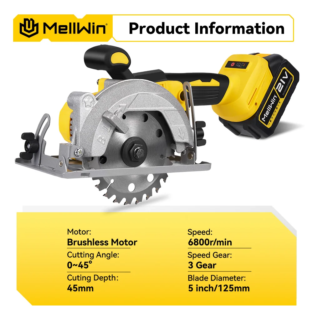 MELLWIN 5 Zoll bürstenlose elektrische Kreissäge Akku-Mehrwinkelsäge Holzbearbeitungs-Elektrowerkzeug-Set für Makita 18 V Akku-Pin – Detail 4