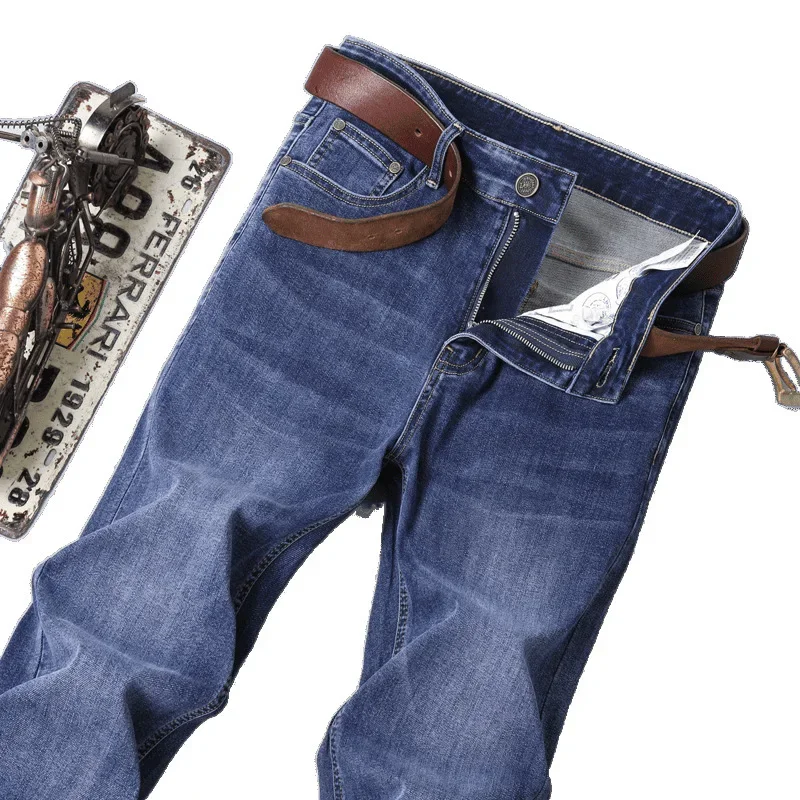 جينز كلاسيكي للرجال تصميم بسيط رفيع مستقيم فضفاض مرن للأعمال سراويل طويلة غير رسمية للربيع والصيف والربيع والصيف