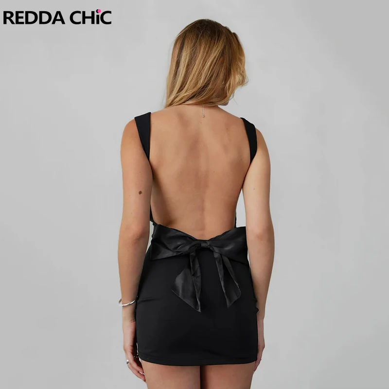 

REDDACHiC Women Bow Detail Backless Sheath Dress Solid Elastic Plunge Cowl Neck Sleeveless Bodycon Dress Casual Summer Clothes