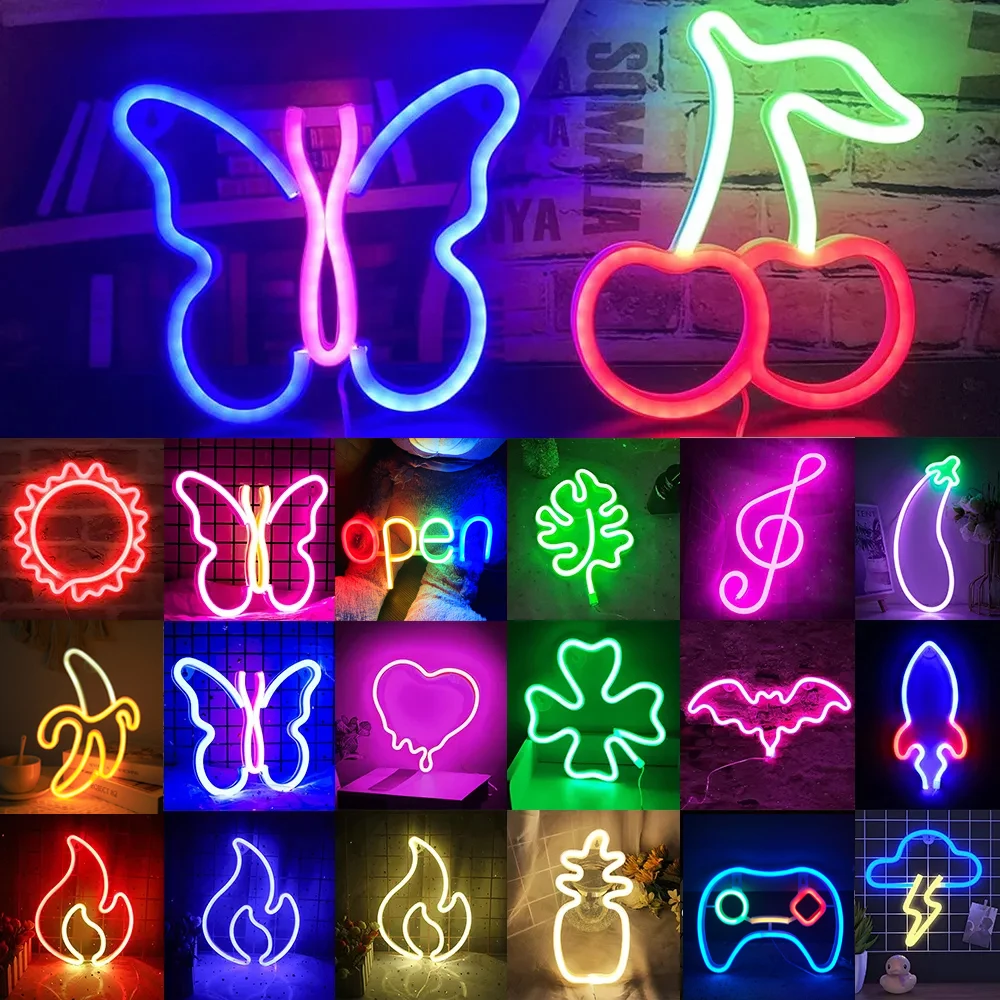 LED Neon Lights Sign for Wall Art Decor USB/Battery Heart Gaming Bar Bedroom Decoration Hanging Neon Sign Party Alien Night Lamp