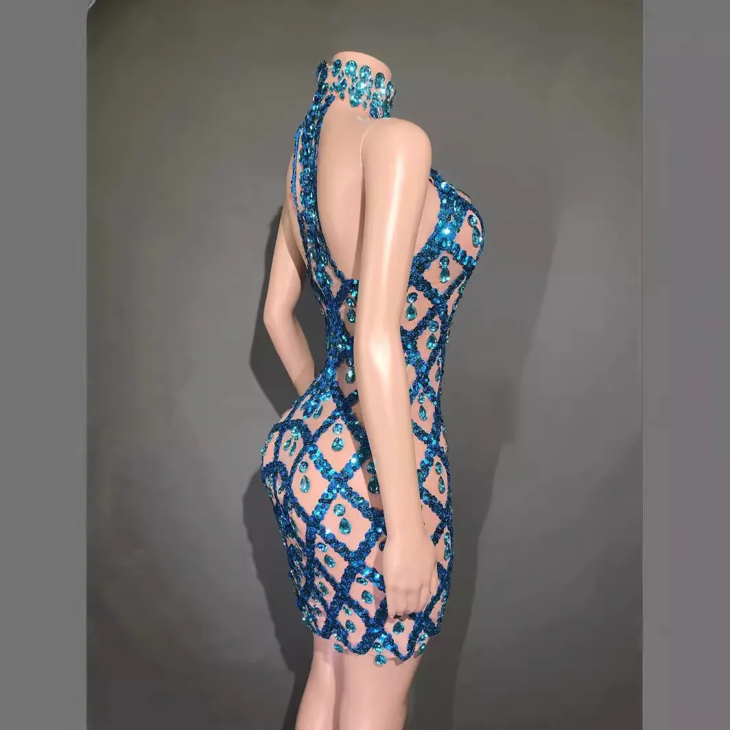Seksowna, prześwitująca sukienka z siateczki, zdobiona wodnymi kryształkami, z odkrytymi ramionami, dopasowana, krótka spódniczka, idealna na bankiet, wieczorne bal, dla prowadzącej, piosenkarki.