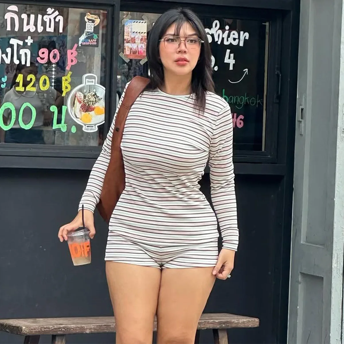 Conjunto corto informal a rayas para primavera y verano, conjunto de 2 piezas de estilo perezoso, Top de manga larga con cuello redondo, pantalones cortos, conjunto de dos piezas