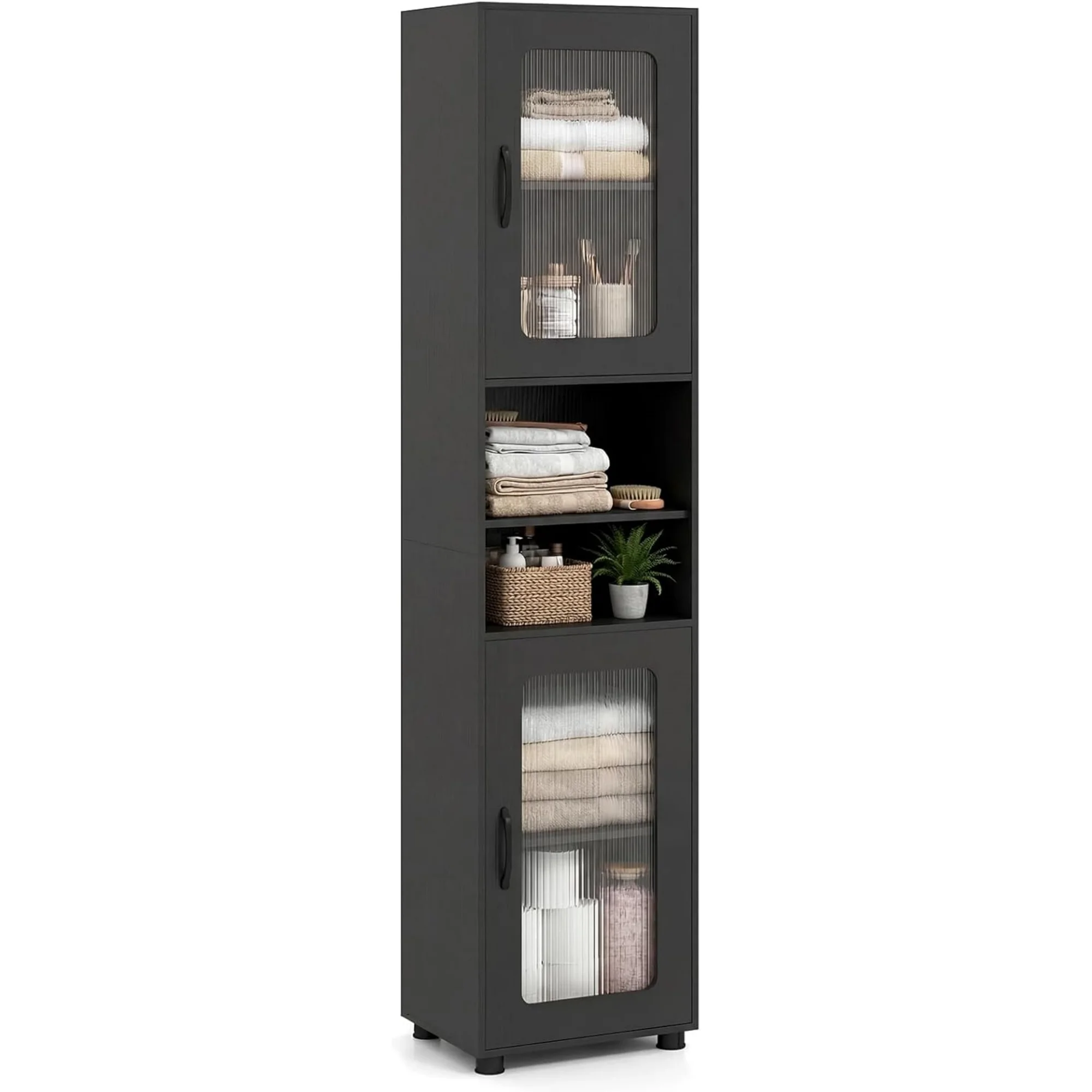 

67” Tall Bathroom Cabinet, Slim Floor Storage Cabinet w/ 2 Fluted Doors, Adjustable Open Shelf, 4 Rubber Feet, Space-Saving Modern Corner Tower for Laundry, Kitchen Pantry (Black, 67