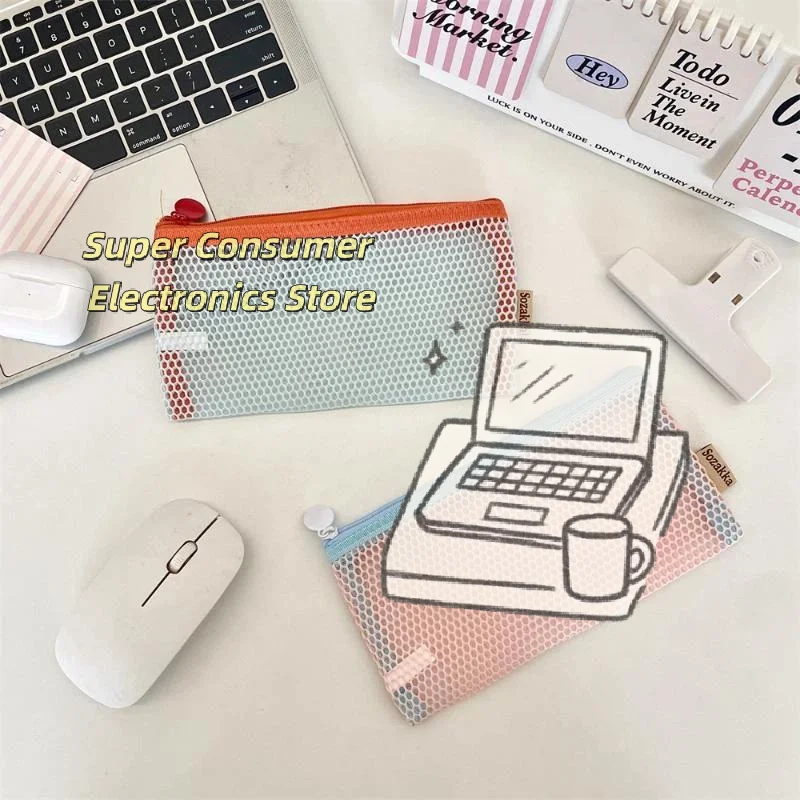 Dopamine Transparent Mesh Cosmetic Bag Zippered Portable Makeup Pouch for Women Weekend Getaway Toiletry Organizer 1Pcs