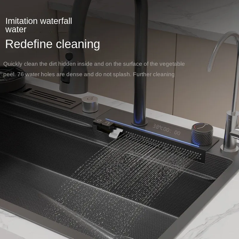 Fregadero de cocina grande de acero inoxidable 304 con ranura única, pantalla Digital Nano de panal, cascada con soporte para cuchillos, 75cm x 46cm