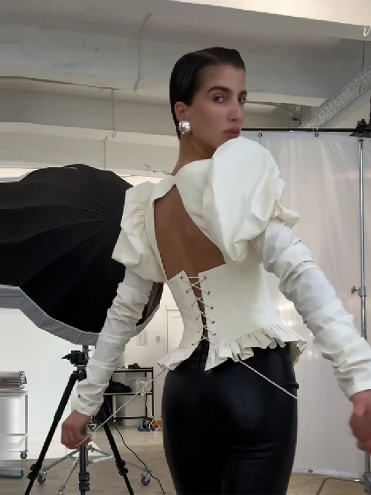 

Elegant Fishbone Pleated Hem Top Casual Boat Neck Puffe Sleeves Backless Slim Blouse Lace Up Corset 2026 New Lady Party Tops