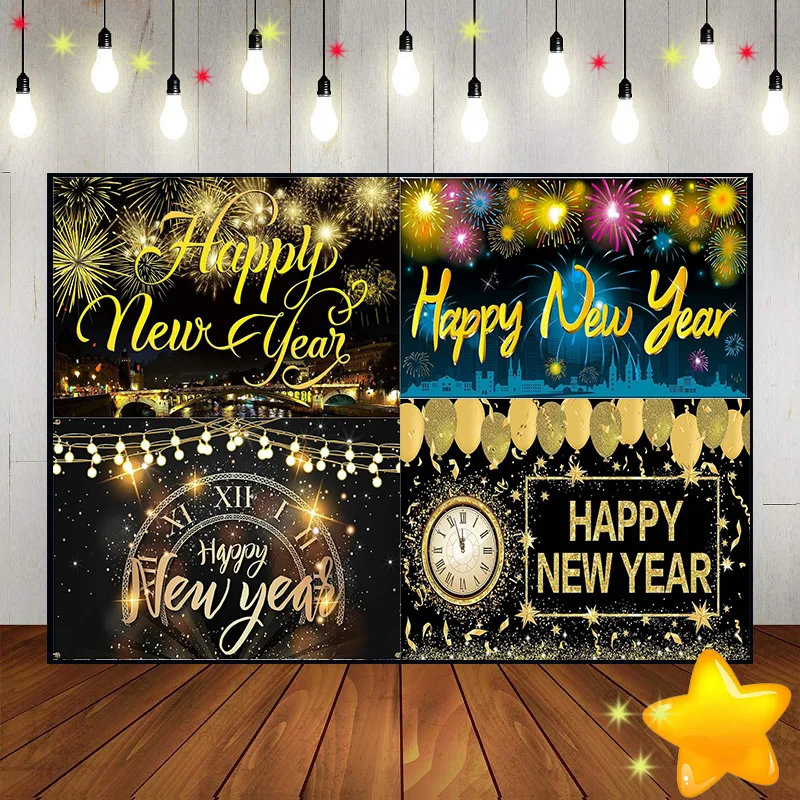 

Happy New Year Party Background Champagne Wine Custom Birthday Backdrop 12 O 'Clock Countdown Baby Shower Count Down Lamp Band