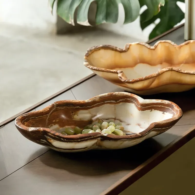Custom Logo Natural Marble Fruit Plate Hand Polished Irregular Wavy Bowl Luxury Home Decorative Stone Serving Dish for Living