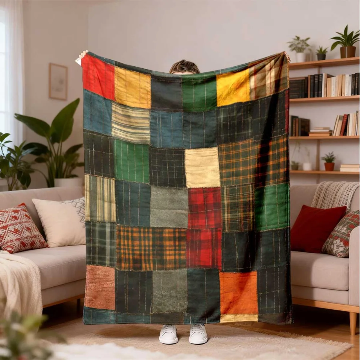 Vintage Plaid Patchwork Flannel Throw Blanket, Retro Spliced Tartan Block Print Soft Warm Blanket for Sofa Bedroom Home Decor