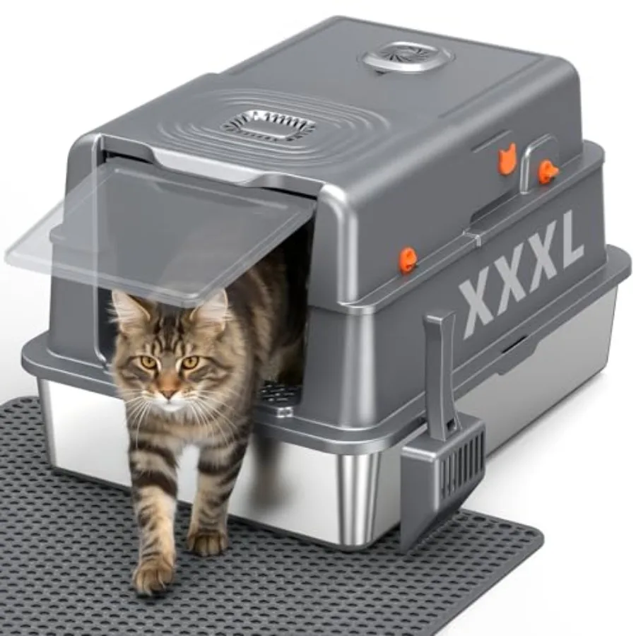 

XXXL Stainless Steel Cat Litter Box with Lid High Sided Enclosed Covered Metal Cat Tray, Extra Large 110L Capacity, Non-Stick,