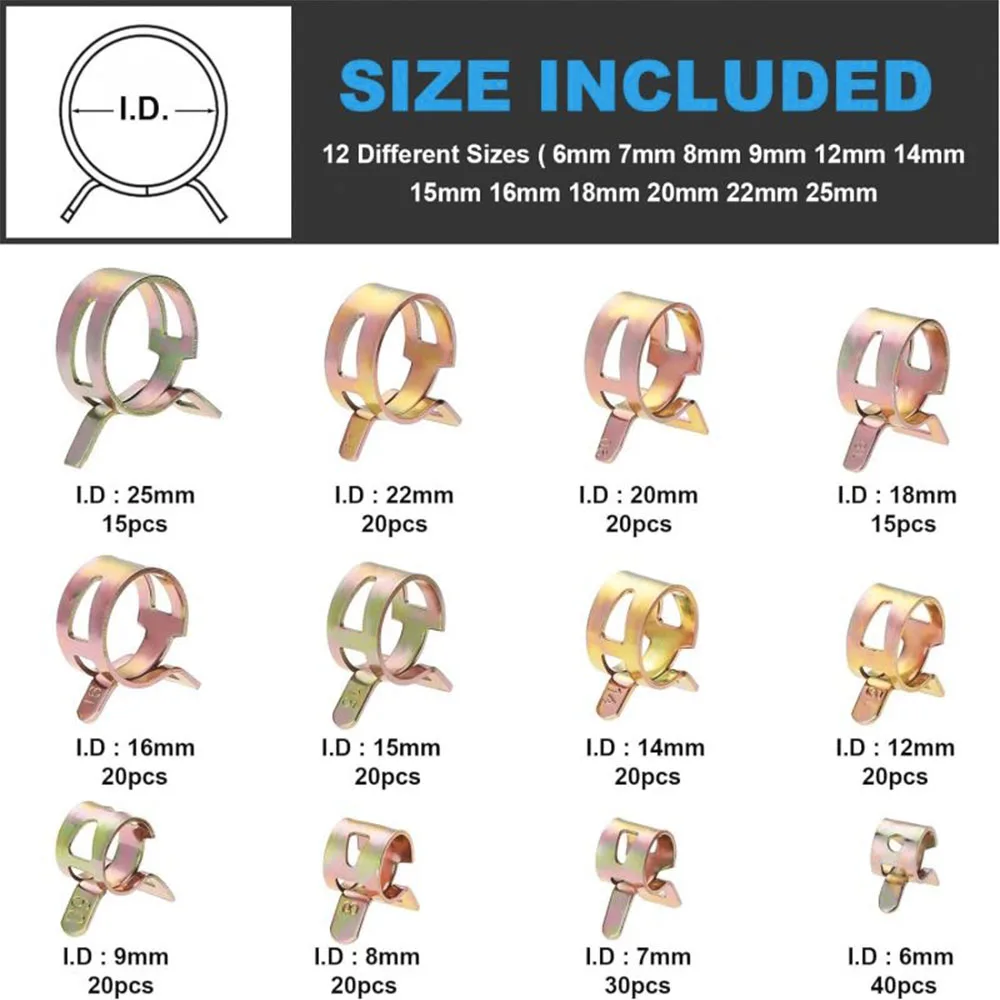 260 PCS 6-25mm Hose Spring Clip Clamps Fasteners Silicone Vacuum Hose Pipe Clamp Steel Wire Air Tube Water Pipe Clip 12 Sizes
