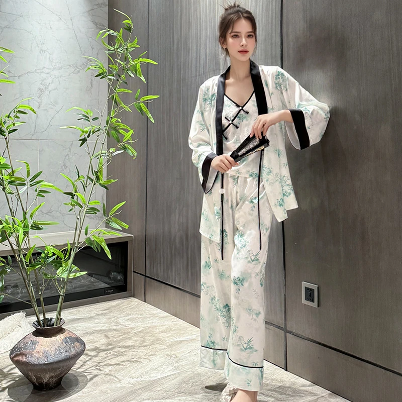 Summer Printed Satin Pajamas 3-Piece Set Women's New Thin Color-Block Sling Nightgown+Pants Outer Wear Home Wear