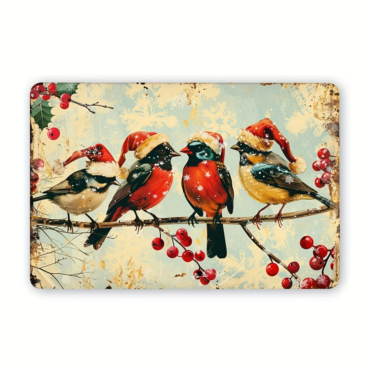 Vintage Christmas Birds & Santa Hats Metal Tin Sign - Outdoor/Indoor Holiday Decoration with Red Berries, Rustic Mint