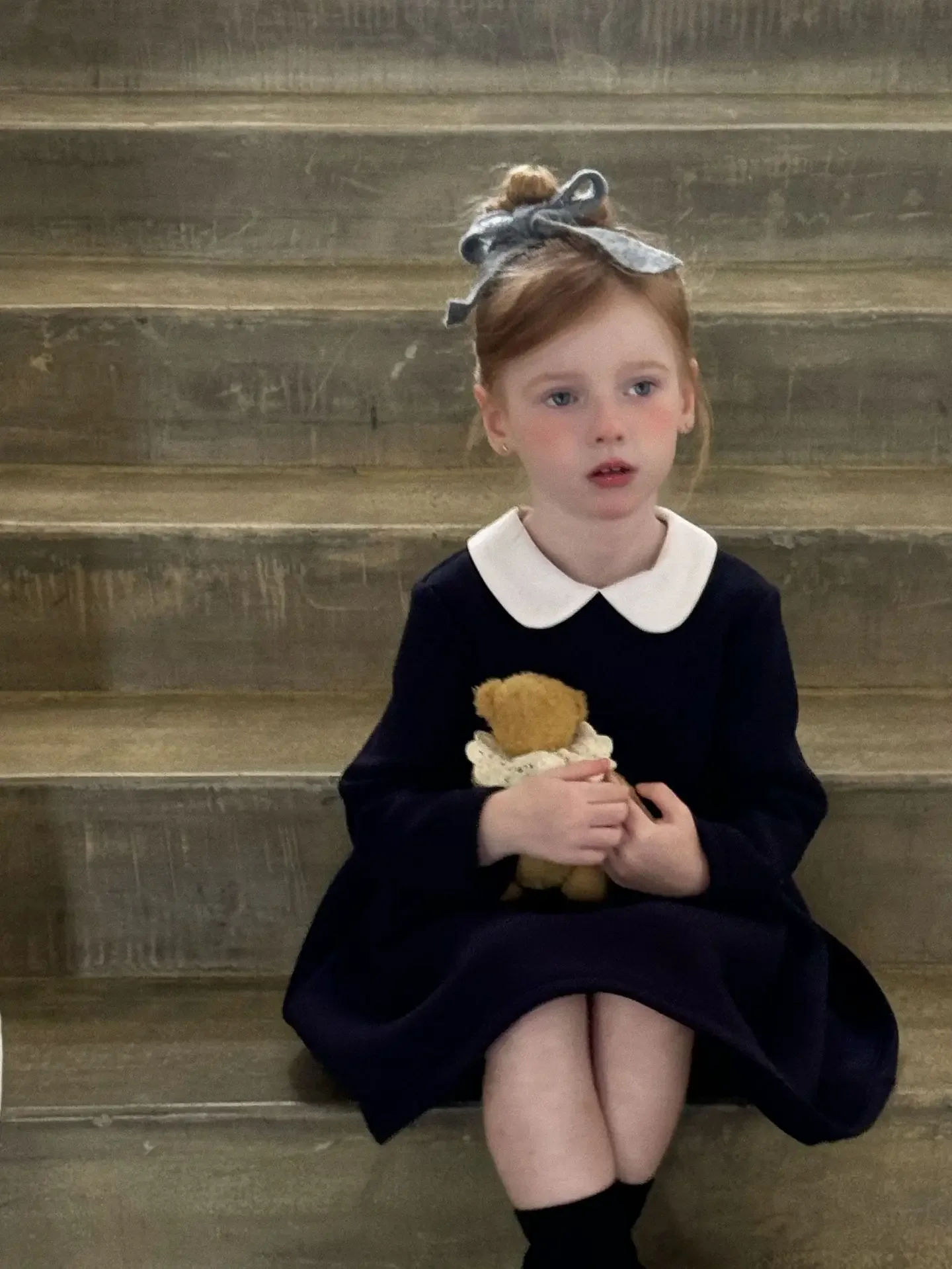 Girls Turn-down Collar Knitted Dress 2024 Autumn New Children Patchwork Peter Pan Collar Long Sleeve Dress