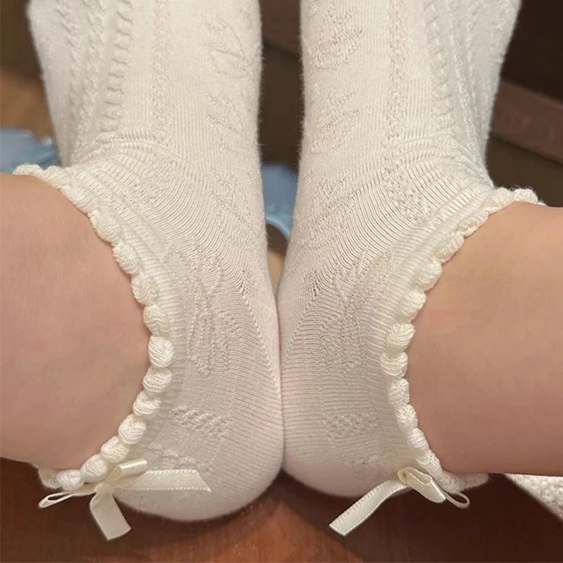 

2Pairs of Spring and Summer Fashion Breathable Bow Socks Women's Socks Bow Knot Cute Shallow Boat Socks Simple Tube Sock