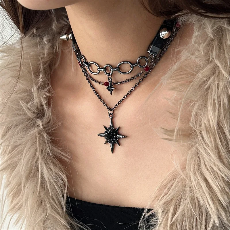 Y2K Sweet Punk Black Spiky Star Choker Women Unique Collarbone Chain Alternative Gothic Necklace Delicate Jewelry for Girl