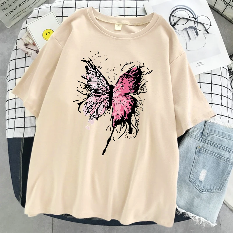 Pink Harajuku Butterfly T-Shirt Women Casual Breathable T Shirt Street Hip Hop Short Sleeve Cotton Cool Oversized Tshirt